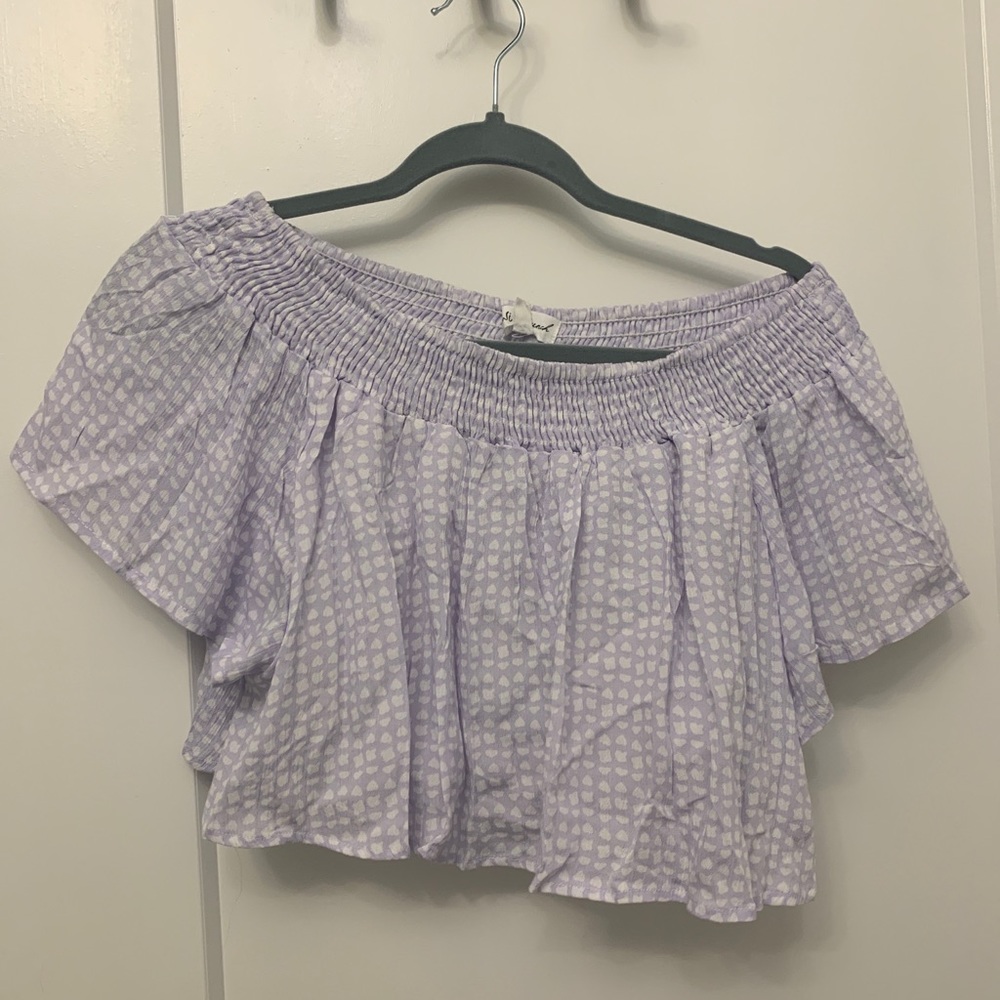 Purple and white off the shoulder crop top